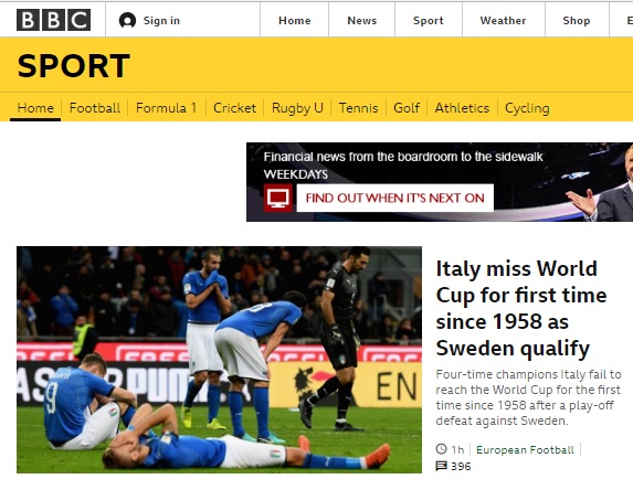  이탈리아의 월드컵 본선행 좌절 소식을 전하는 BBC 