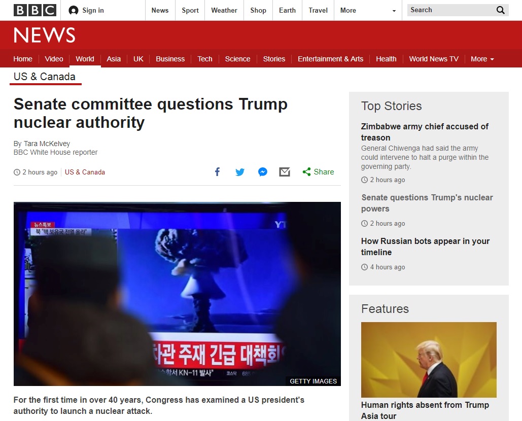 대통령의 핵무기 사용 권한 제한을 논의한 미국 상원 청문회를 보도하는 BBC 뉴스 갈무리.