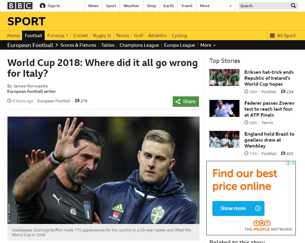  이탈리아의 2018 러시아 월드컵 예선 탈락을 보도하는 BBC 뉴스 갈무리.