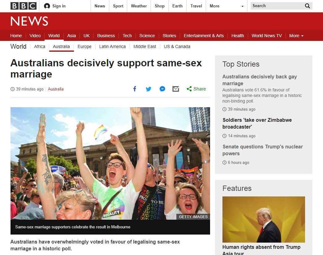 호주의 동성결혼 합법화 국민투표 결과를 보도하는 BBC 뉴스 갈무리.