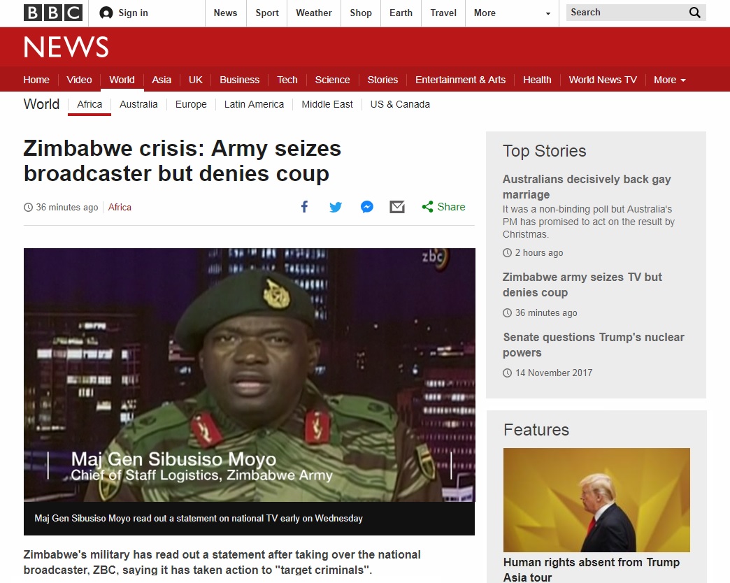짐바브웨 군부의 국영 방송 장악을 보도하는 BBC 뉴스 갈무리.