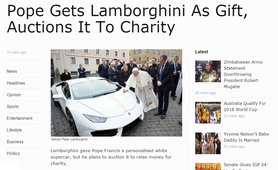 프란치스코 교황의 람보르기니 기부를 보도하는 AFP 뉴스 갈무리.