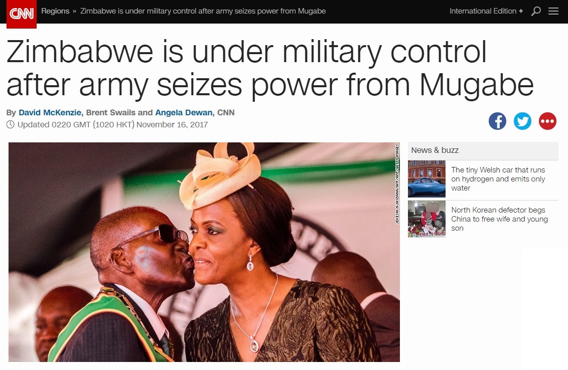 짐바브웨 군부의 로버트 무가베 대통령 부부 가택연금을 보도하는 CNN 뉴스 갈무리.