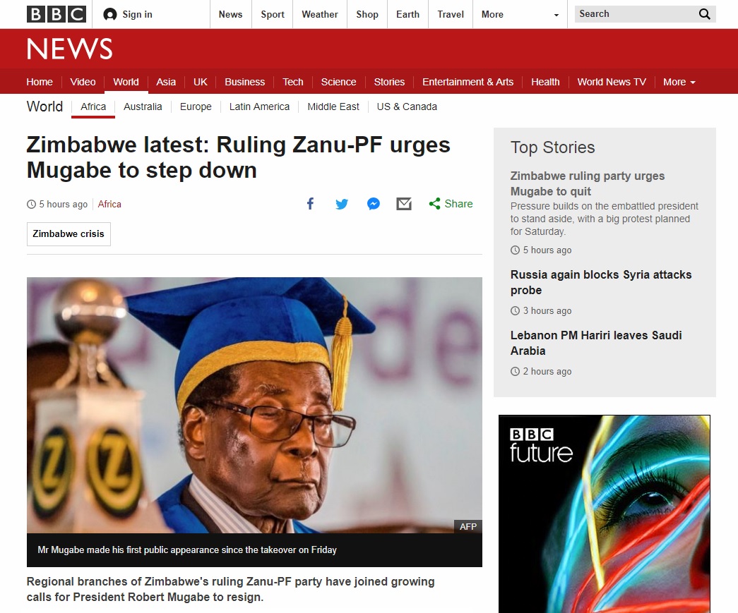 로버트 무가베 짐바브웨 대통령 퇴진 여론을 보도하는 BBC 뉴스 갈무리.