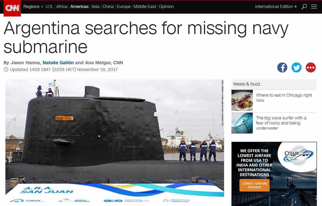 아르헨티나 잠수함 실종을 보도하는 CNN 뉴스 갈무리.
