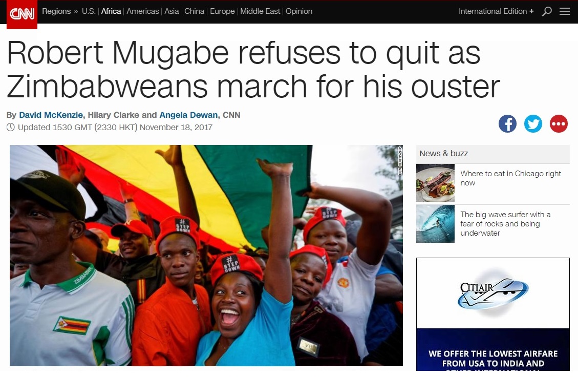 짐바브웨에서 열린 로버트 무가베 대통령 퇴진 촉구 시위를 보도하는 CNN 뉴스 갈무리.