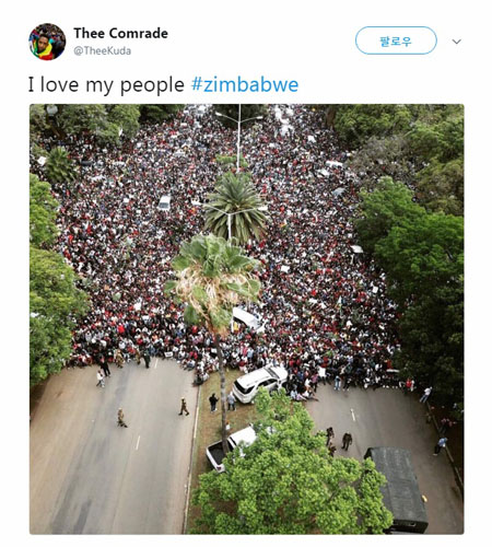 짐바브웨에서 열린 로버트 무가베 대통령 퇴진 촉구 시위를 전하는 소셜미디어 갈무리.
