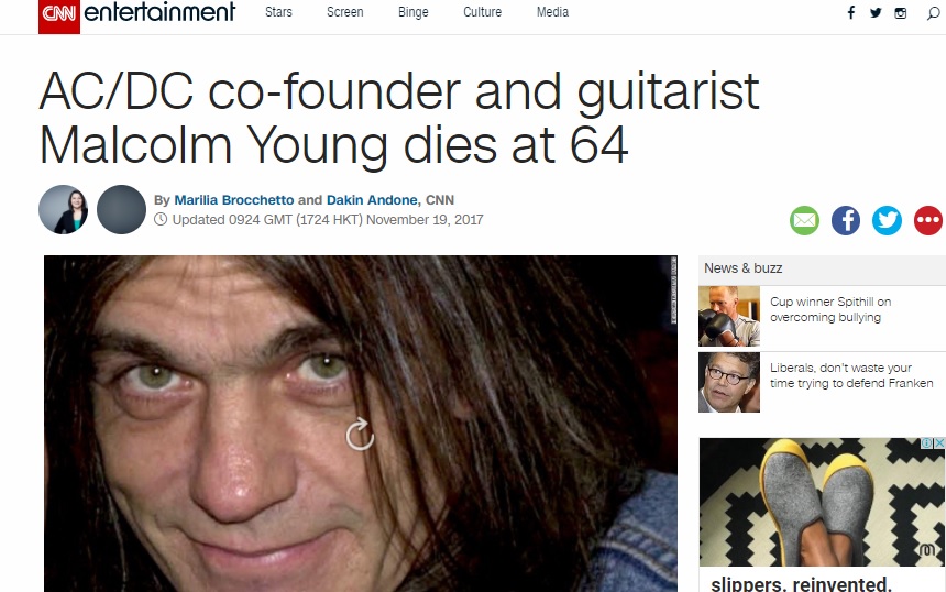  AC/DC의 리더이자 기타리스트 말콤 영의 사망 소식을 전하는 CNN