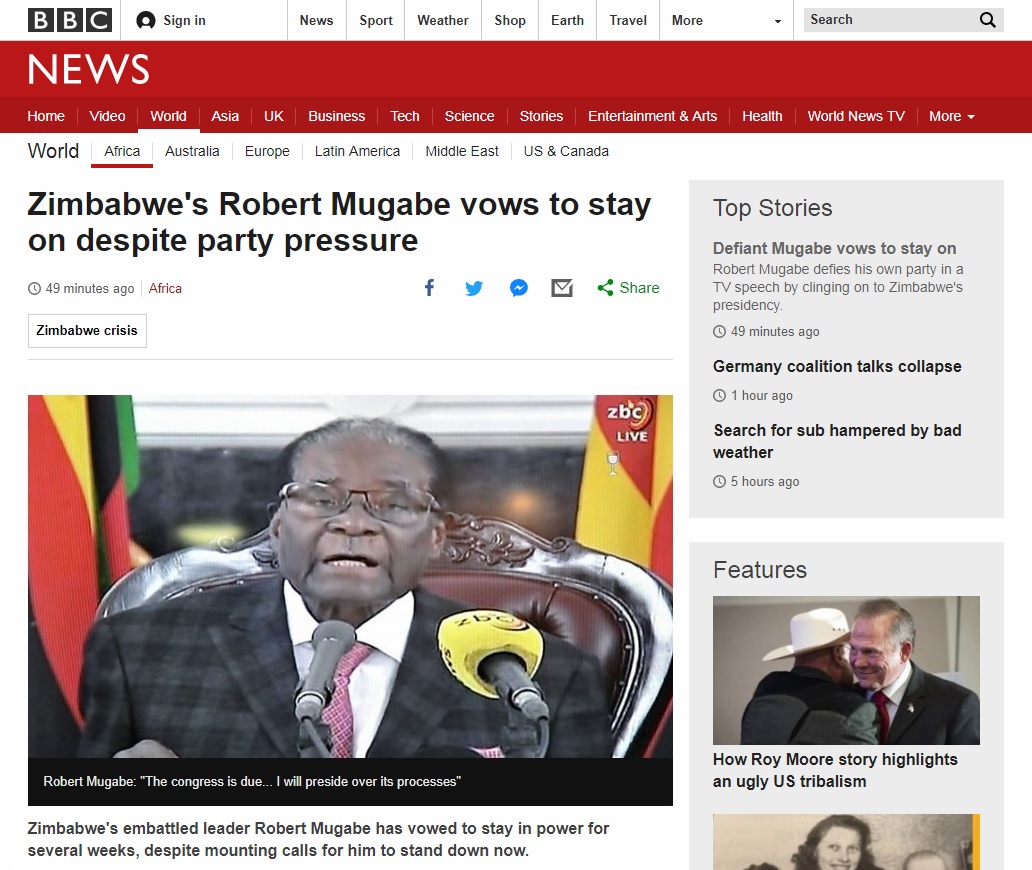 로버트 무가베 짐바브웨 대통령의 대국민 연설을 보도하는 BBC 뉴스 갈무리.