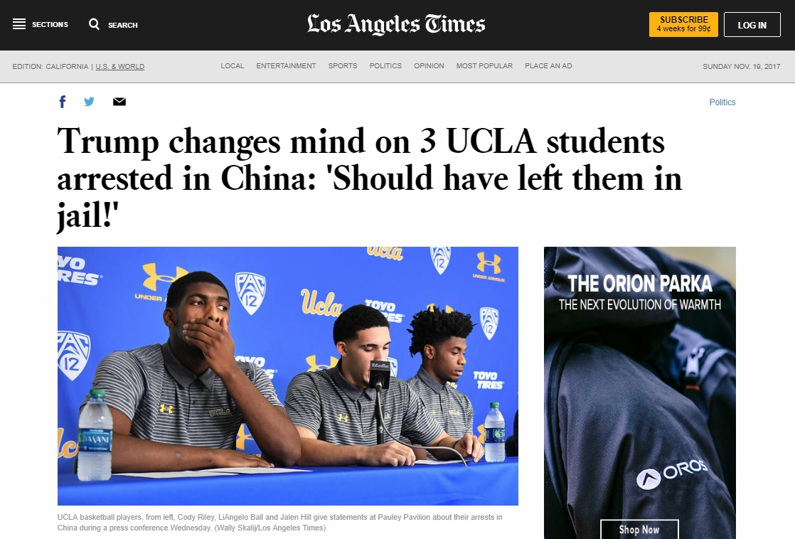 중국에서 절도 혐의로 체포됐다가 석방된 미국 농구 선수들의 기자회견을 보도하는 <LA타임스> 갈무리.