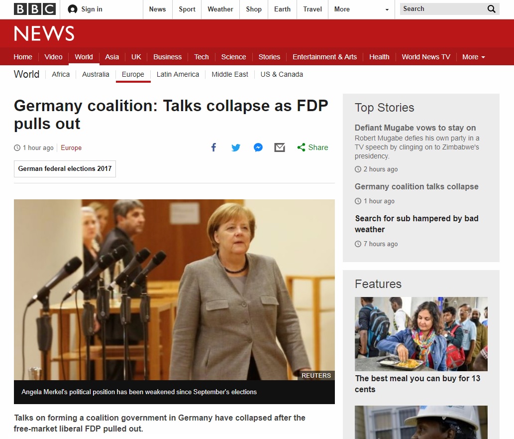 앙겔라 메르켈 독일 총리의 연립정부 구성 실패를 보도하는 BBC 뉴스 갈무리.