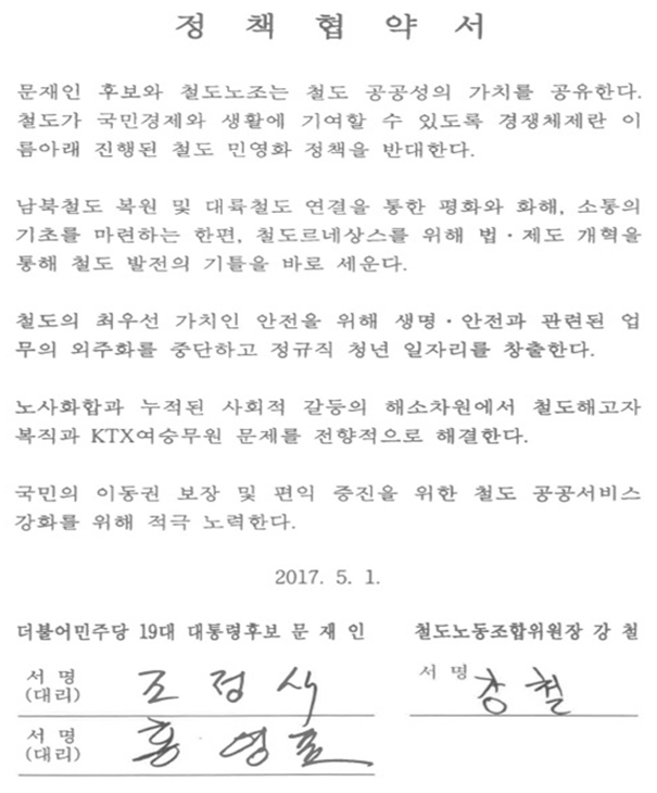 2017년 5월 1일 문재인 당시 후보와 철도노조가 맺은 정책협약서