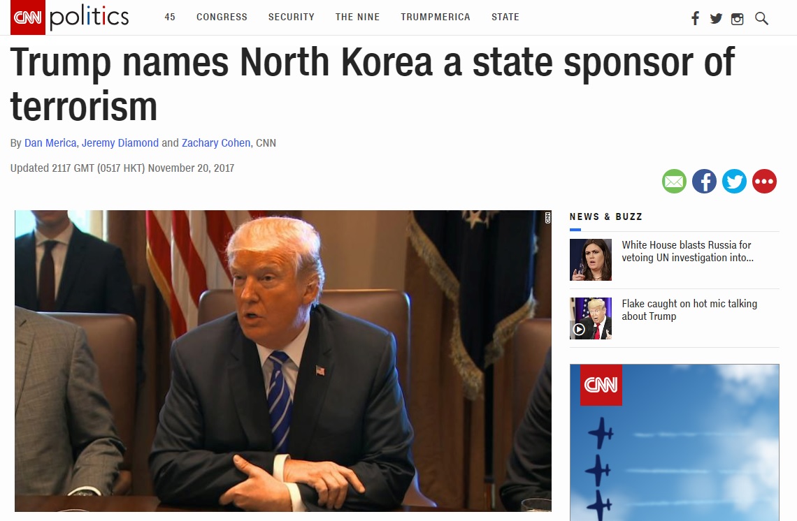 도널드 트럼프 미국 대통령의 북한 테러지원국 재지정을 보도하는 CNN 뉴스 갈무리.