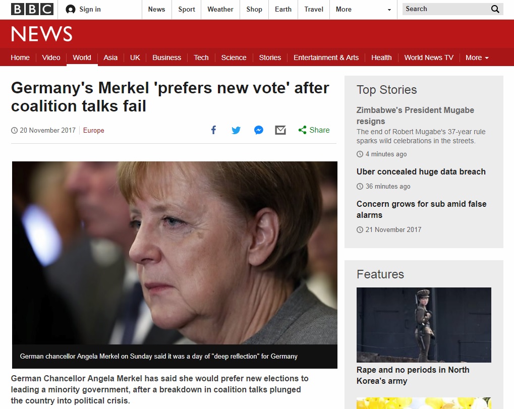 앙겔라 메르켈 독이 총리의 재선거 시사를 보도하는 BBC 뉴스 갈무리.