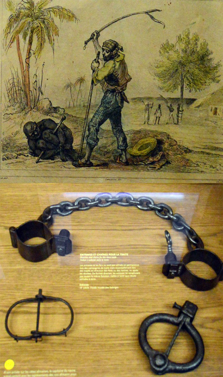 노예를 구속하던 족쇄와 함께 노예들을 채찍질하던 그림들이 전시되어 있다.