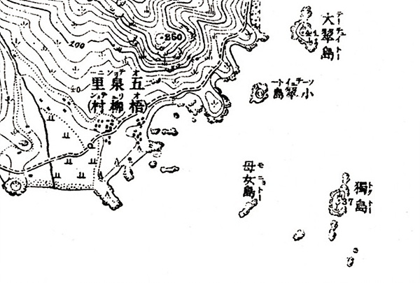일본 측지부대가 일제강점기에 그린 지도로 고흥 오천리 앞 바다에 독도가보인다.  