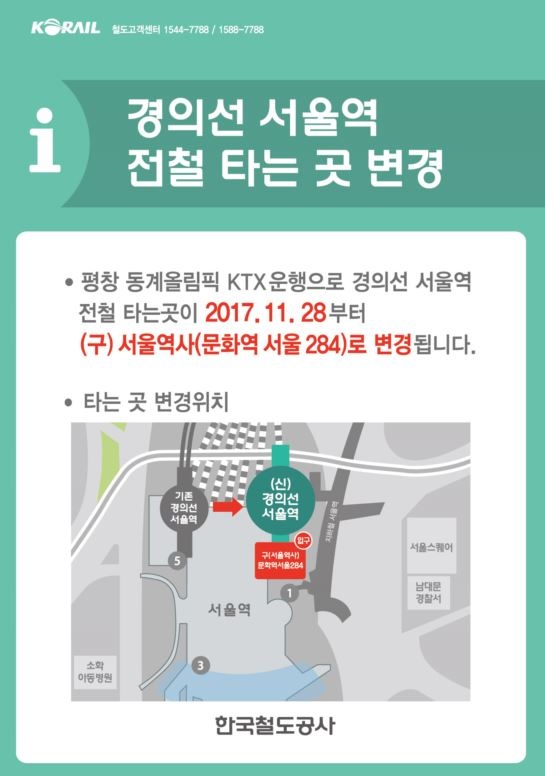 경의선 서울역으로 전철 타는 곳이 변경된다는 이전 안내문.