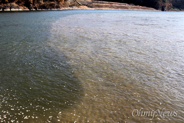 낙동강 합천창녕보 하류에 있는 황강 합류지점. 보 개방으로 물이 흐르면서 황강 쪽에서 내려온 맑은 물과 모래가 빠르게 본류로 흘러 들고 있다.