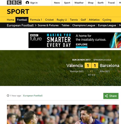  바르셀로나FC와 발렌시아CF 경기 결과를 알리는 BBC 기사