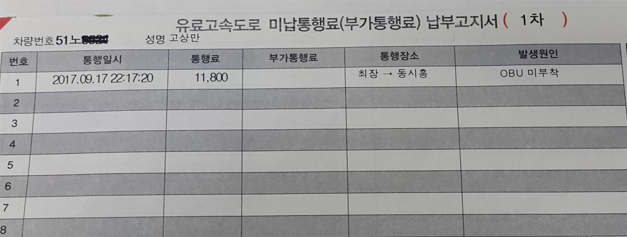 청구된 최장 요금. 실제 청구비용은 2,550원인데 민자도로 사업소는 1차부터 바로 4배에 달하는 11,800원을 청구했다.