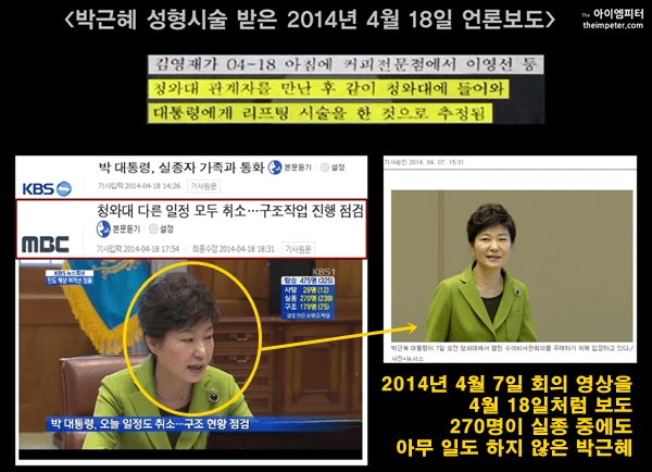 특검은 언론이 구조작업 진행을 점검하고 있다고 보도한 4월 18일에도 박근혜씨가 청와대에서 성형시술을 받았다고 추정했다.