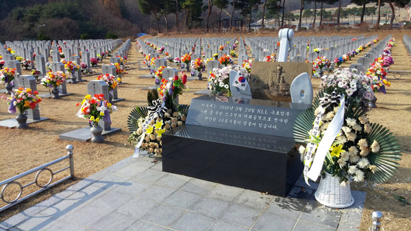 천안함 순직 용사 묘역 묘비는 여느 사병들과 다르지 않는데, 묘역 앞에 사건을 설명하는 빗돌이 세워져 있고 작은 철제 울타리로 둘러싸여 있다.