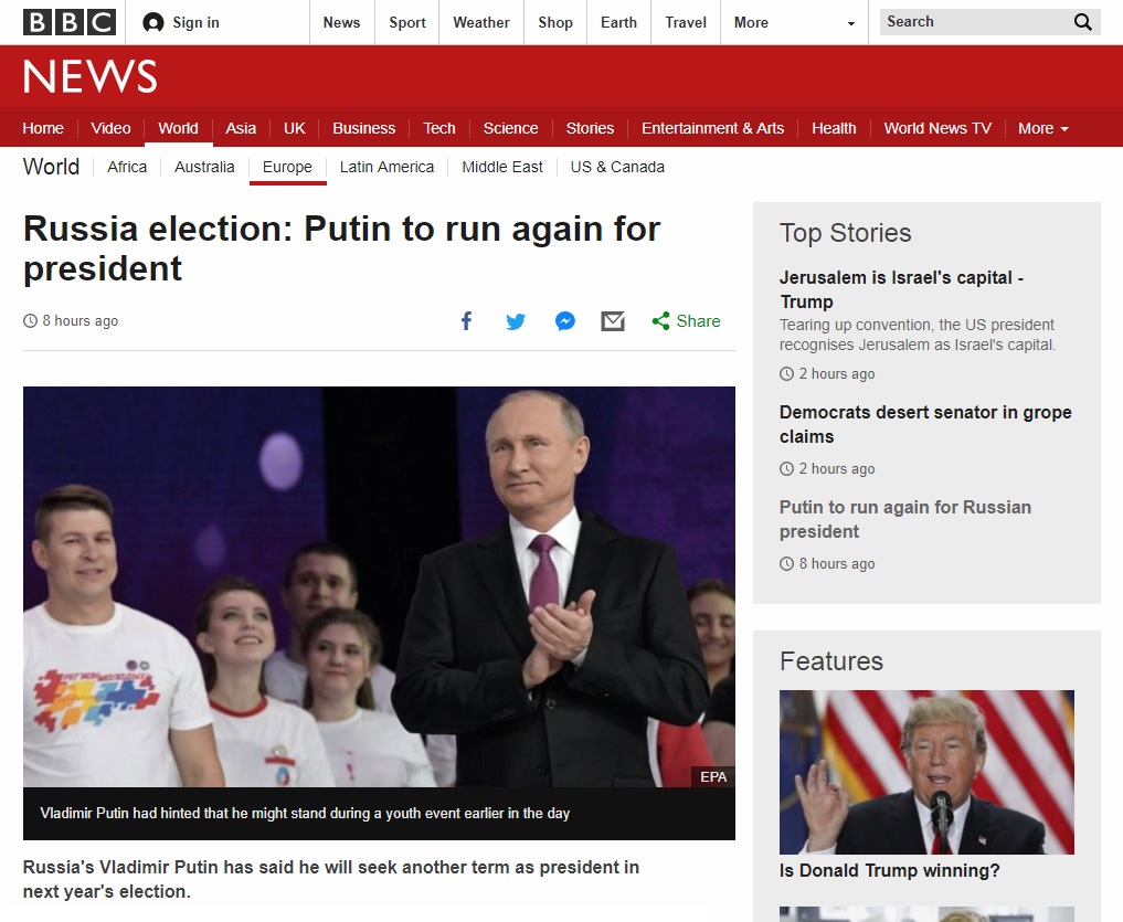 블라디미르 푸틴 러시아 대통령의 대선 출마 선언을 보도하는 BBC 뉴스 갈무리.