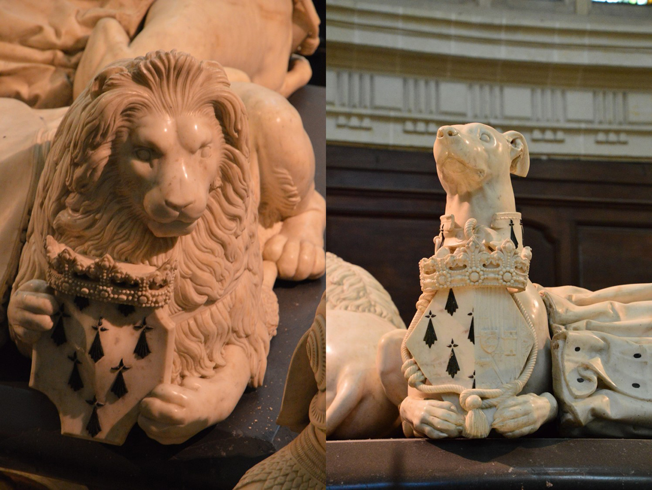 프랑소아 2세의 석관을 지키고 있는 사자와 그레이하운드 조각상이다.