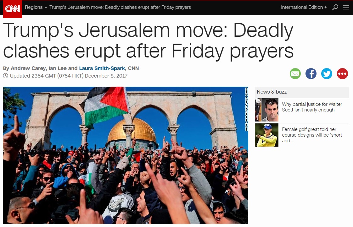 팔레스타인의 반미·반이스라엘 시위를 보도하는 CNN 뉴스 갈무리.