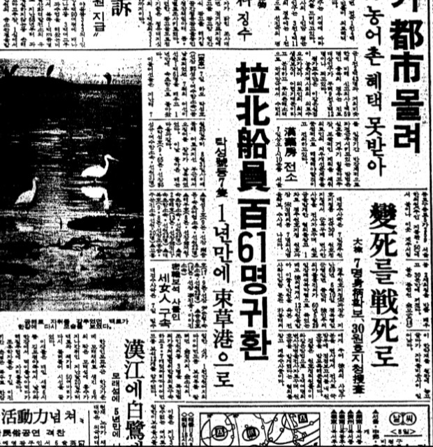 주문진 오징어 배(대복호)가 북한경비정에 납치됐다가, 귀환될 당시의 신문기사.