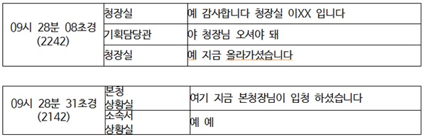 해경 유선전화 내역을 보면 해경청장이 상황실로 올라간 것은 9시 10분이 아니라 9시 28분이다. 