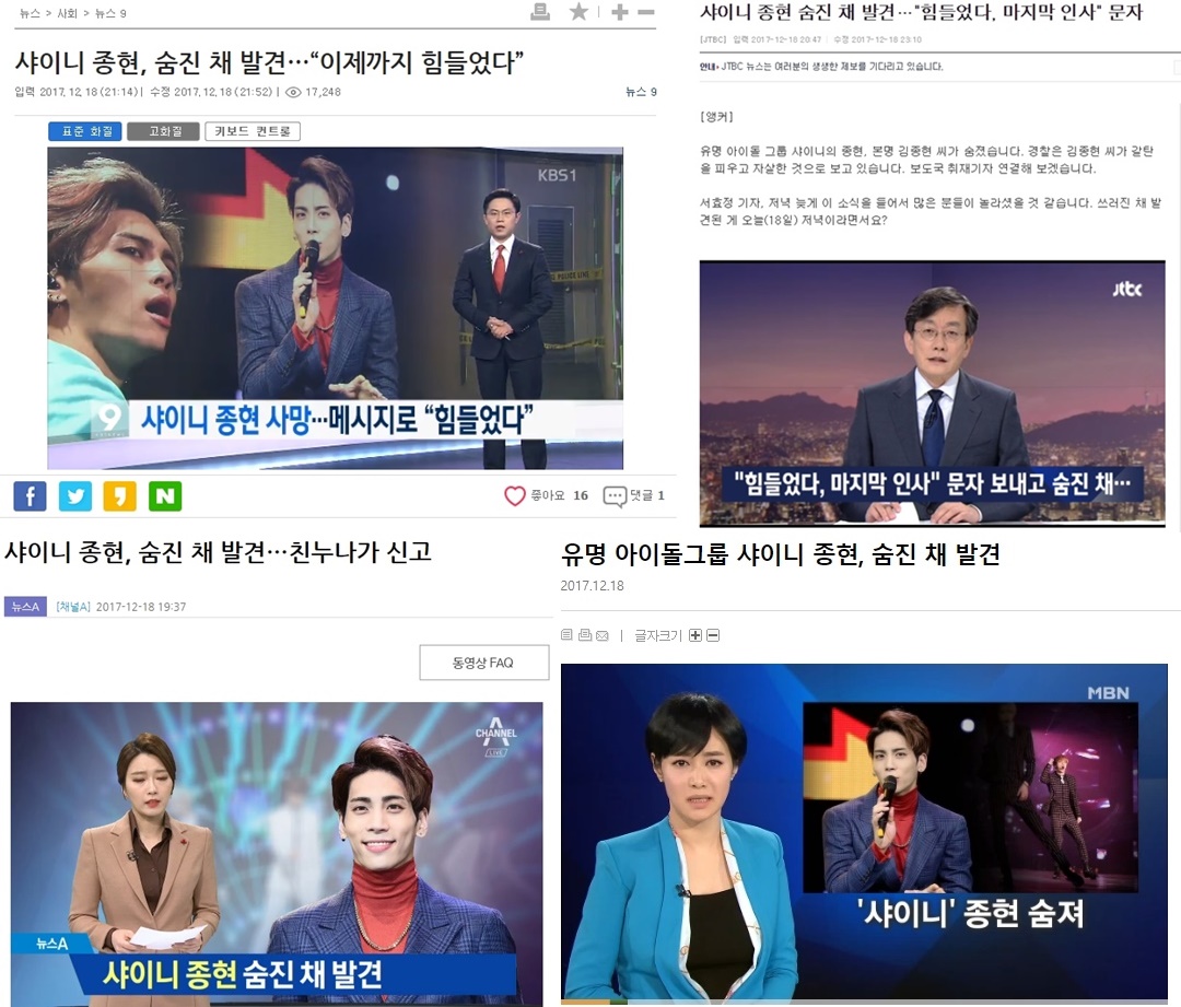 김종현 씨가 숨진 채 발견되었다 보도하거나 이러한 내용으로 온라인 송고용 제목을 지은 방송사들(12/18) 