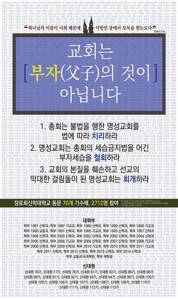  예장통합 교단의 목회자 양성기관인 장로회신학대학교 동문 70개 기수 2,712명은 지난 16일자 <국민일보>와 <기독공보>에 '교회는 부자의 것이 아닙니다'는 제하의 전면광고를 실었다. 