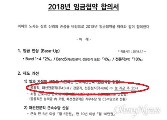 이마트 2018년도 임금 협약 합의서