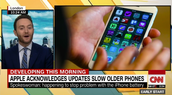 애플의 아이폰 성능 저하 논란을 보도하는 CNN 뉴스 갈무리.