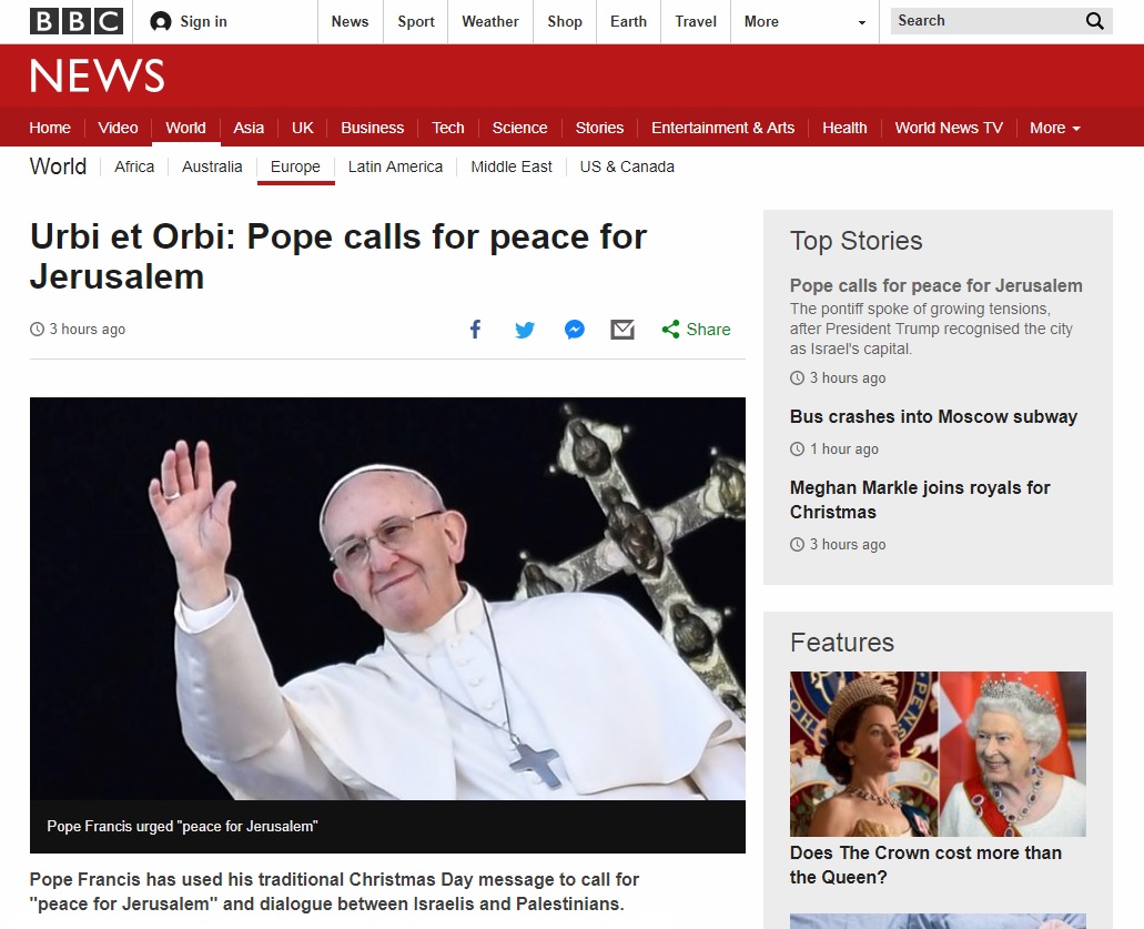 프란치스코 교황의 성탄절 메시지를 보도하는 BBC 뉴스 갈무리.
