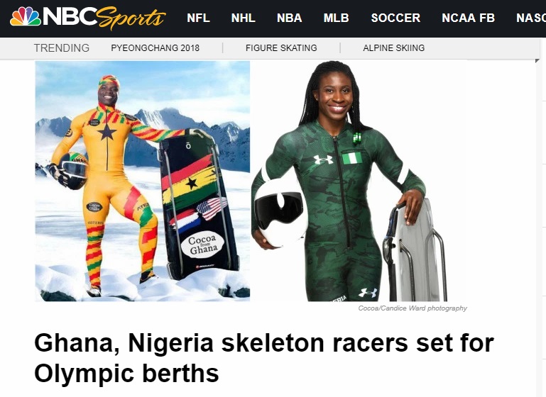  가나·나이지리아 선수의 평창 올림픽 스켈레톤 출전을 소개하는 NBC 뉴스 갈무리.