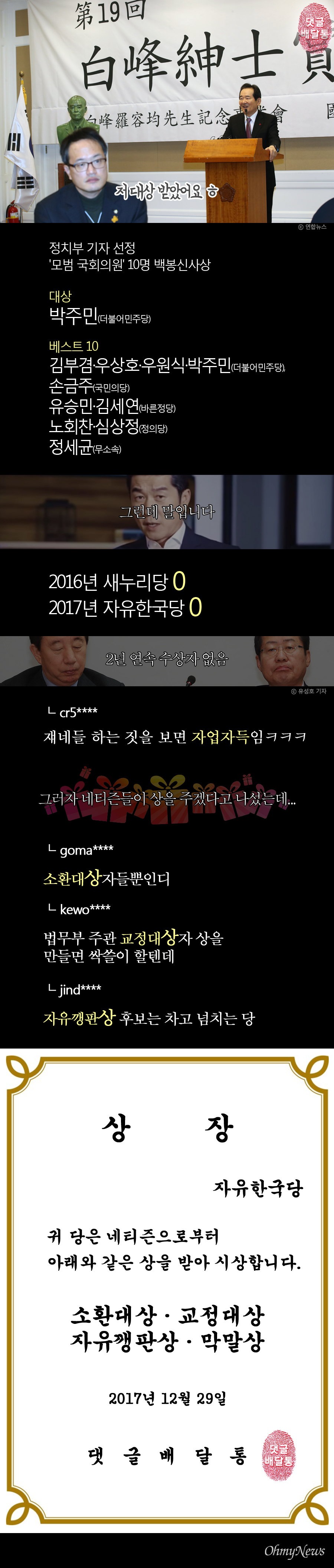 2017년 12월 29일 '댓글배달통' <한국당, '네티즌 상' 4관왕? "후보 차고 넘쳐"> 기사.