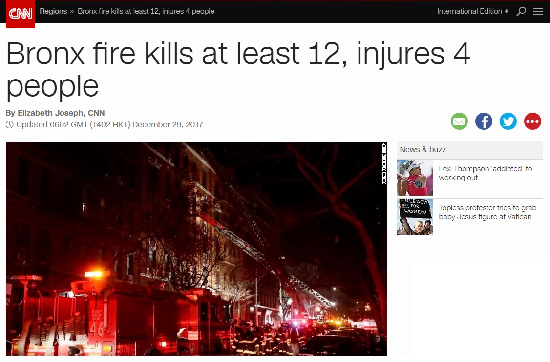 미국 뉴욕 아파트 화재 사건을 보도하는 CNN 뉴스 갈무리.