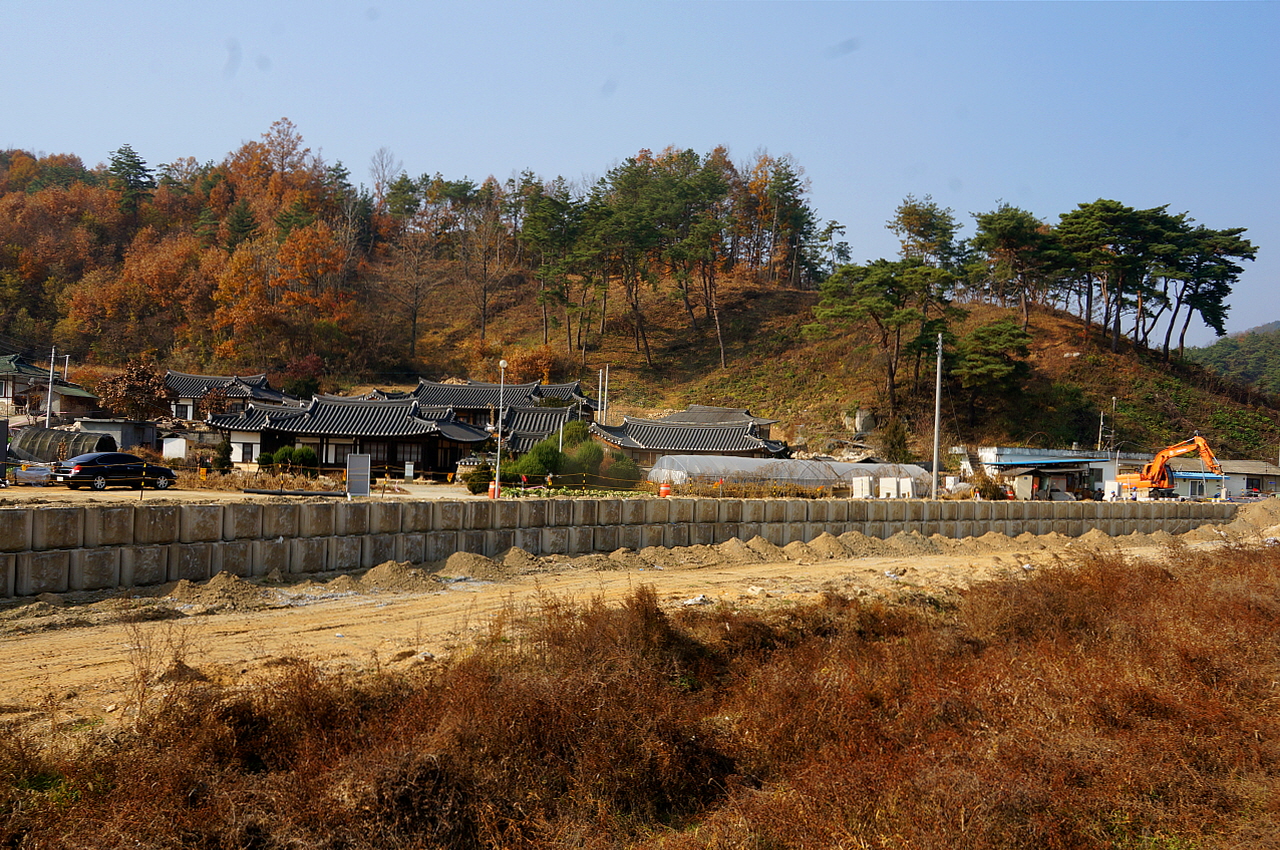 법전천 건너 언덕 바로 아래 기헌고택과 송월재종택이 있다. 두 집은  음지마을의 고색을 짙게 한다. 소나무 오른쪽 아래에 경체정이 있다. 