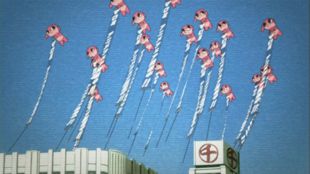  애니메이션 <망상 대리인>의 한 장면, 마로미 캐릭터 풍선이 하늘에 떠있다.