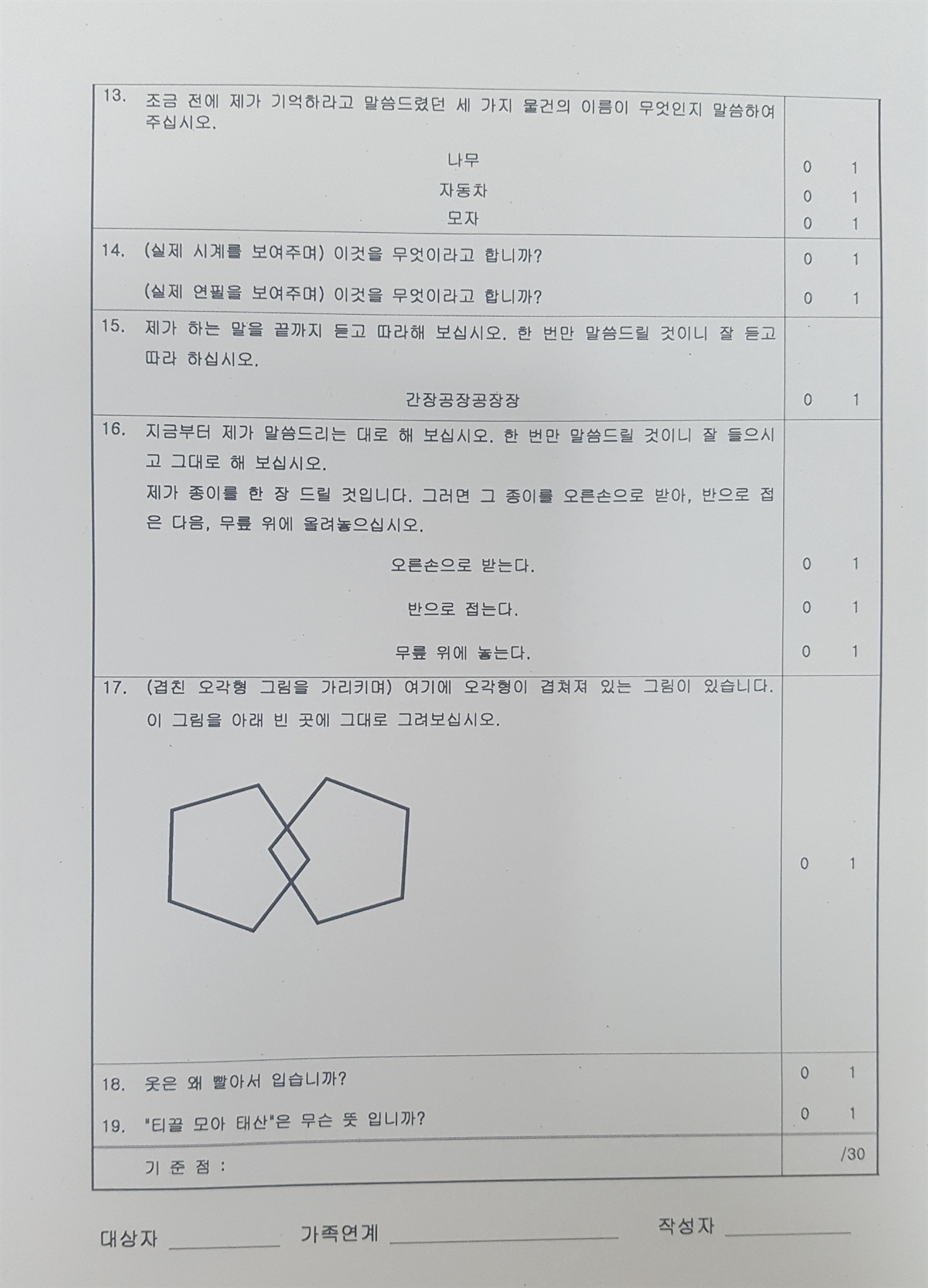 보건소에서 실시하는 인지능력검사