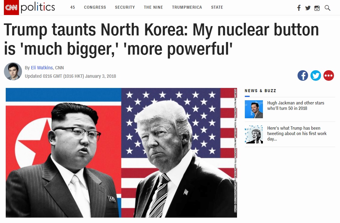도널드 트럼프 미국 대통령과 김정은 북한 노동당 위원장의 '핵 단추' 설전을 보도하는 CNN 뉴스 갈무리.