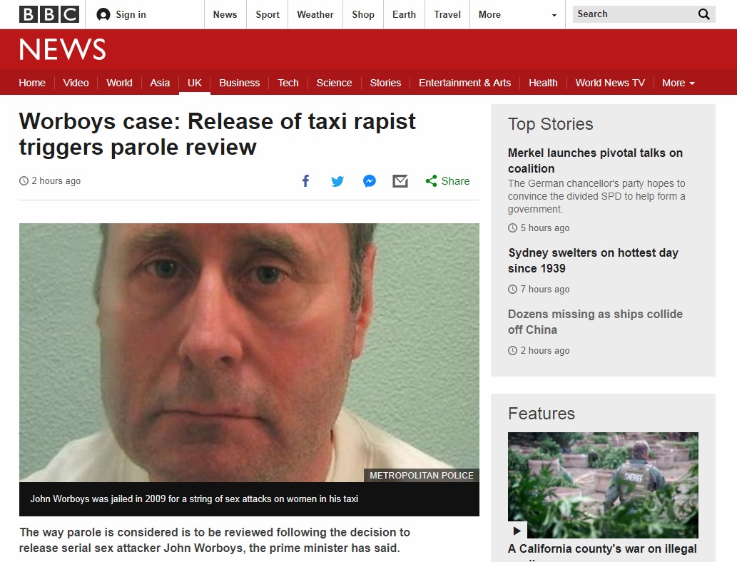 영국 성폭행범 가석방 논란을 보도하는 BBC 뉴스 갈무리.