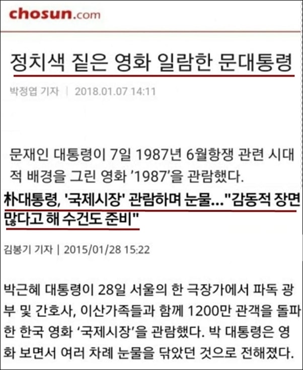  문재인 대통령과 박근혜씨 영화 관람에 관한 조선일보의 이중적 보도 행태 