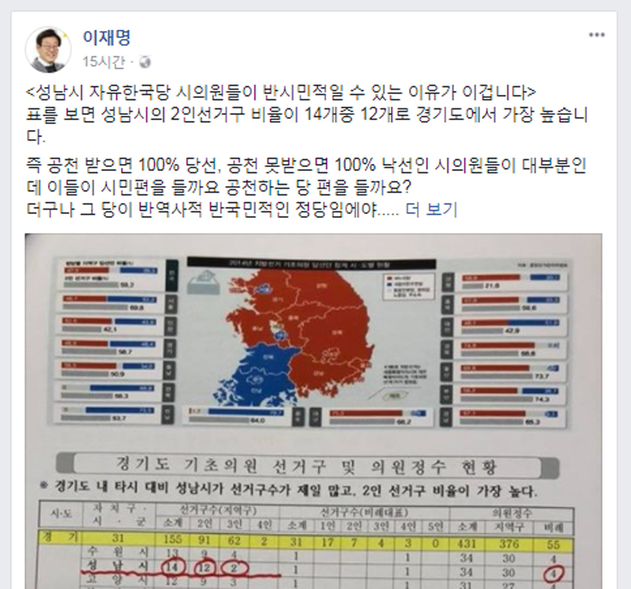  2인 선거구제를 비판한 이재명 시장 sns 글. 