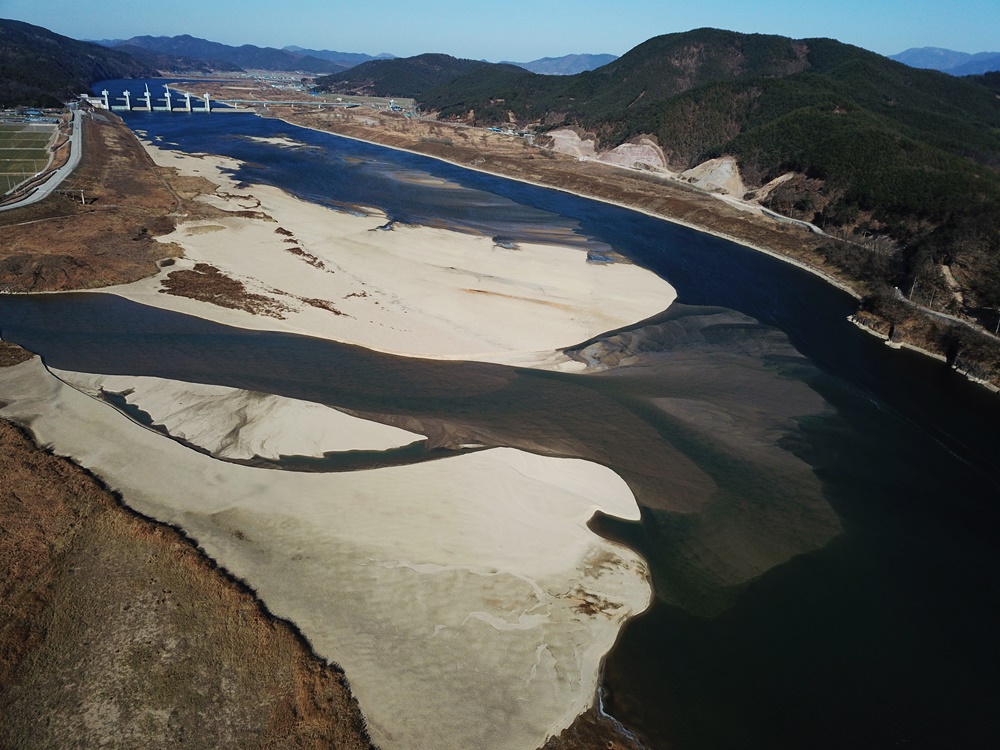 함안보 수문이 열리자 낙동강 황강 합수부에 거대한 모래톱이 부활했다. 4대강 재자연화의 신호탄이 쏘아올려진 것이다.