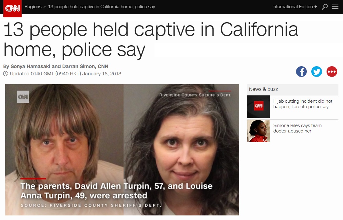 미국 캘리포니아주에서 부모가 13명의 자녀를 감금하고 학대한 사건을 보도하는 CNN 뉴스 갈무리