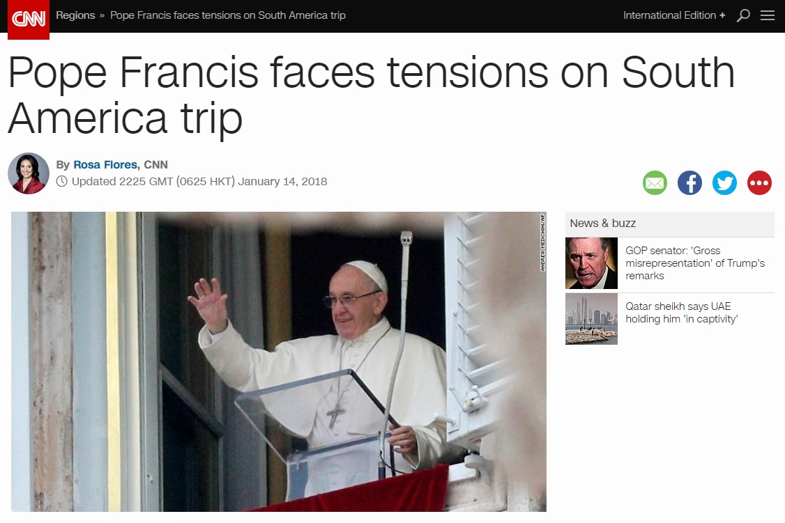 프란치스코 교황의 남미 순방을 보도하는 CNN 뉴스 갈무리.