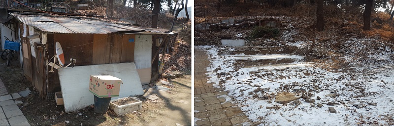 강남구 달터마을 정비 전(왼쪽)과 정비 후의 모습.